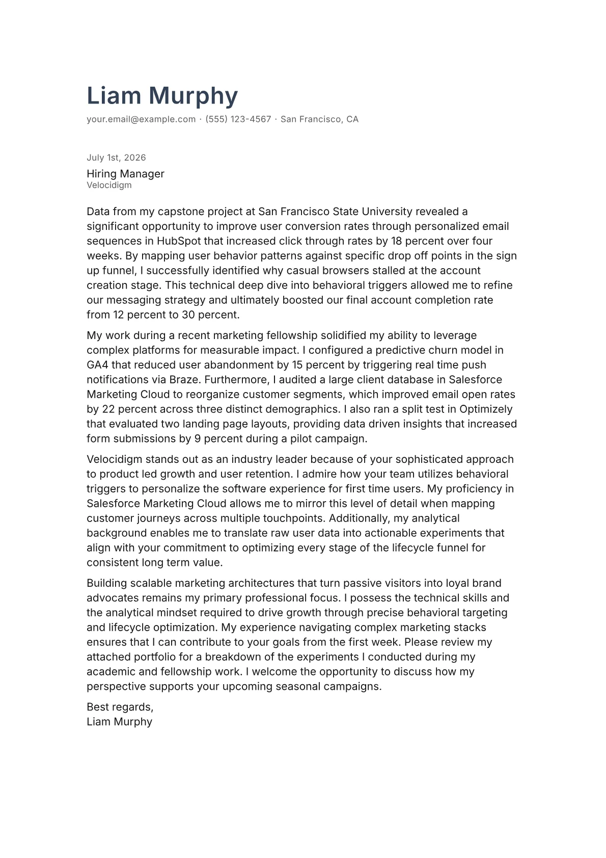 Behavioral Marketing Manager cover letter in the Minimal design