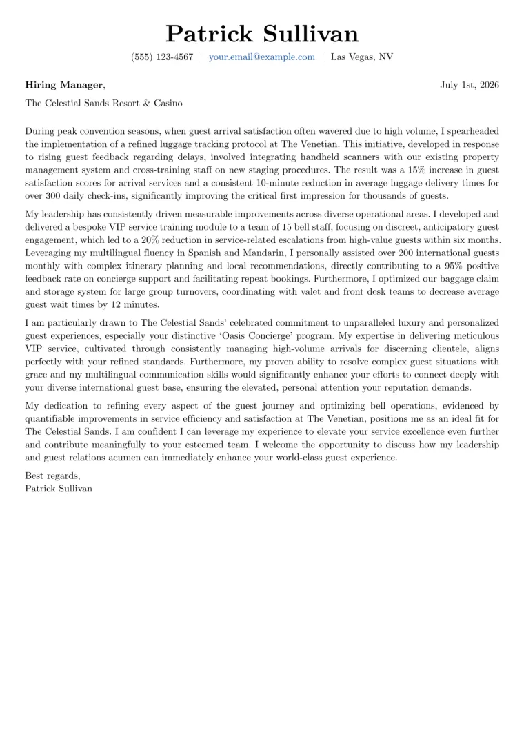 Bell Captain Cover Letter Example