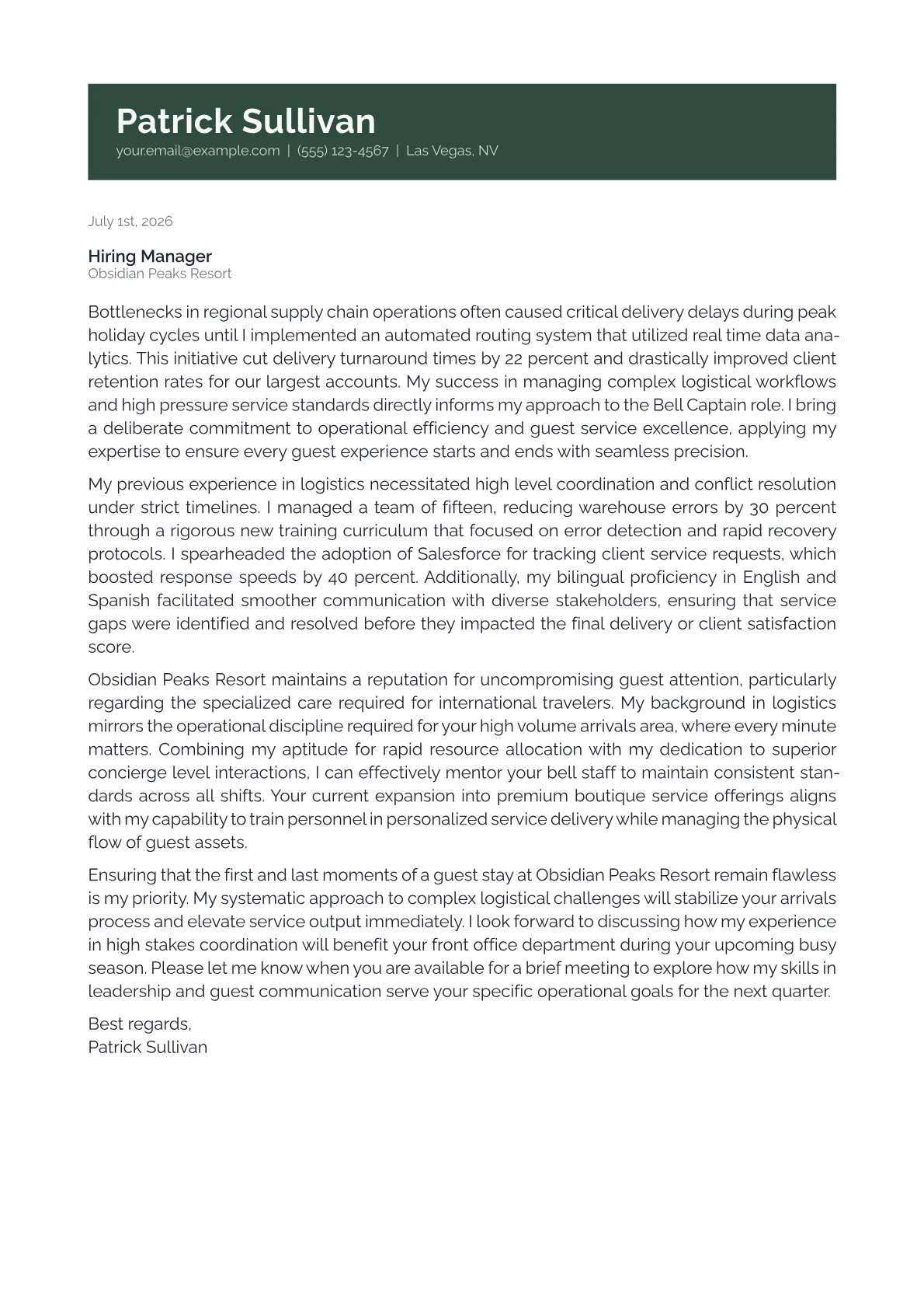 Bell Captain cover letter in the Banner design