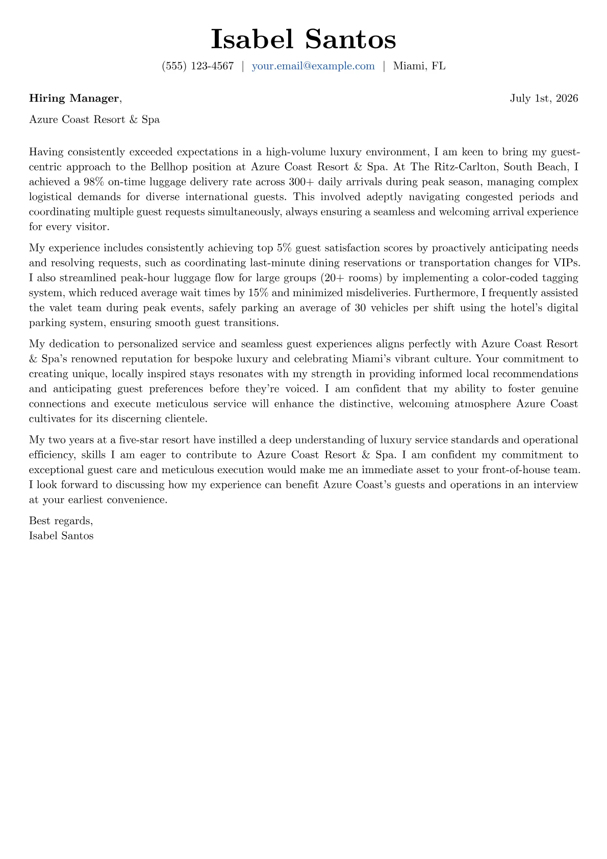 Bellhop cover letter formatted with a JobSprout template