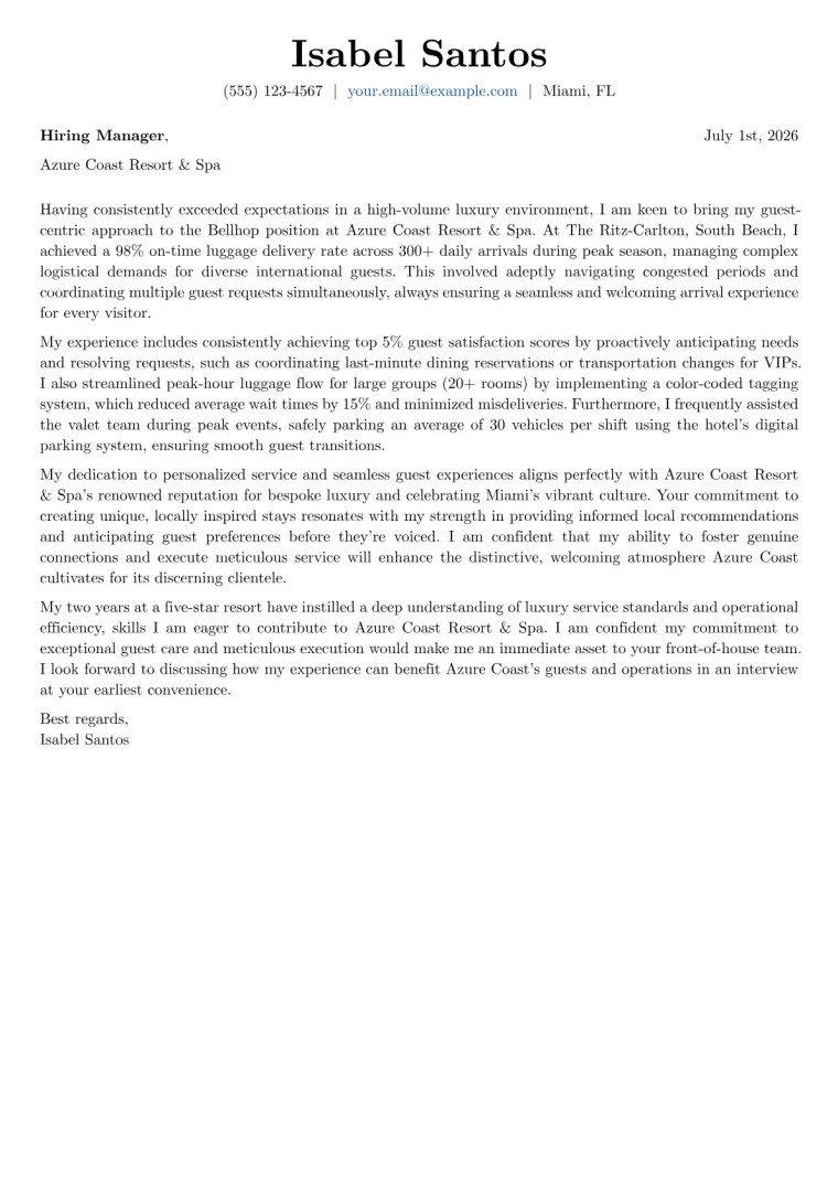 Bellhop Cover Letter Example