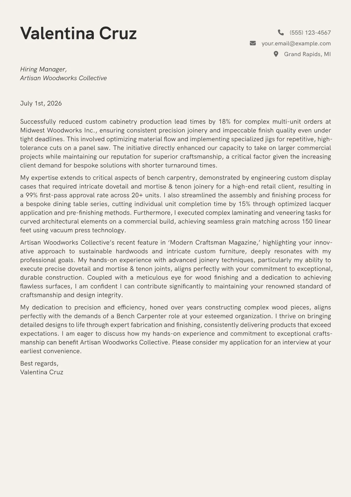 Bench Carpenter cover letter formatted with a JobSprout template