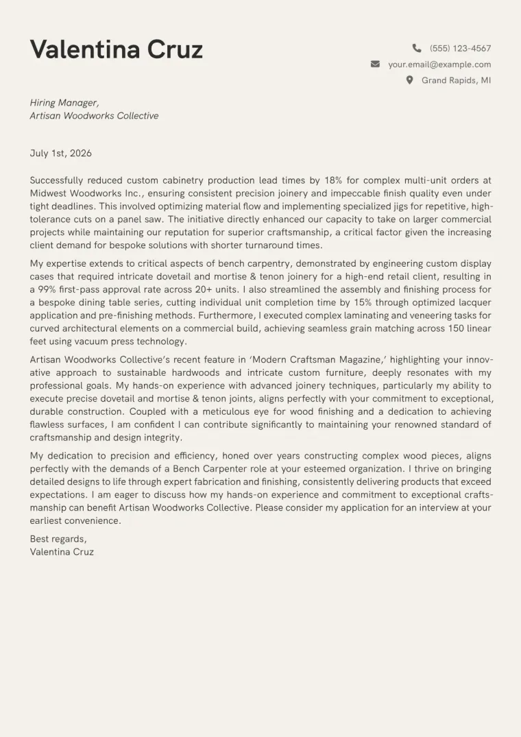 Bench Carpenter cover letter example preview