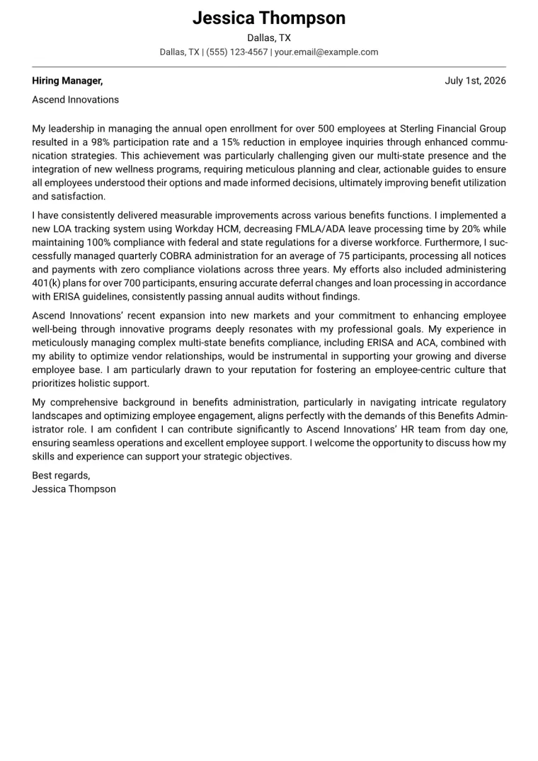 Benefits Administrator Cover Letter Example