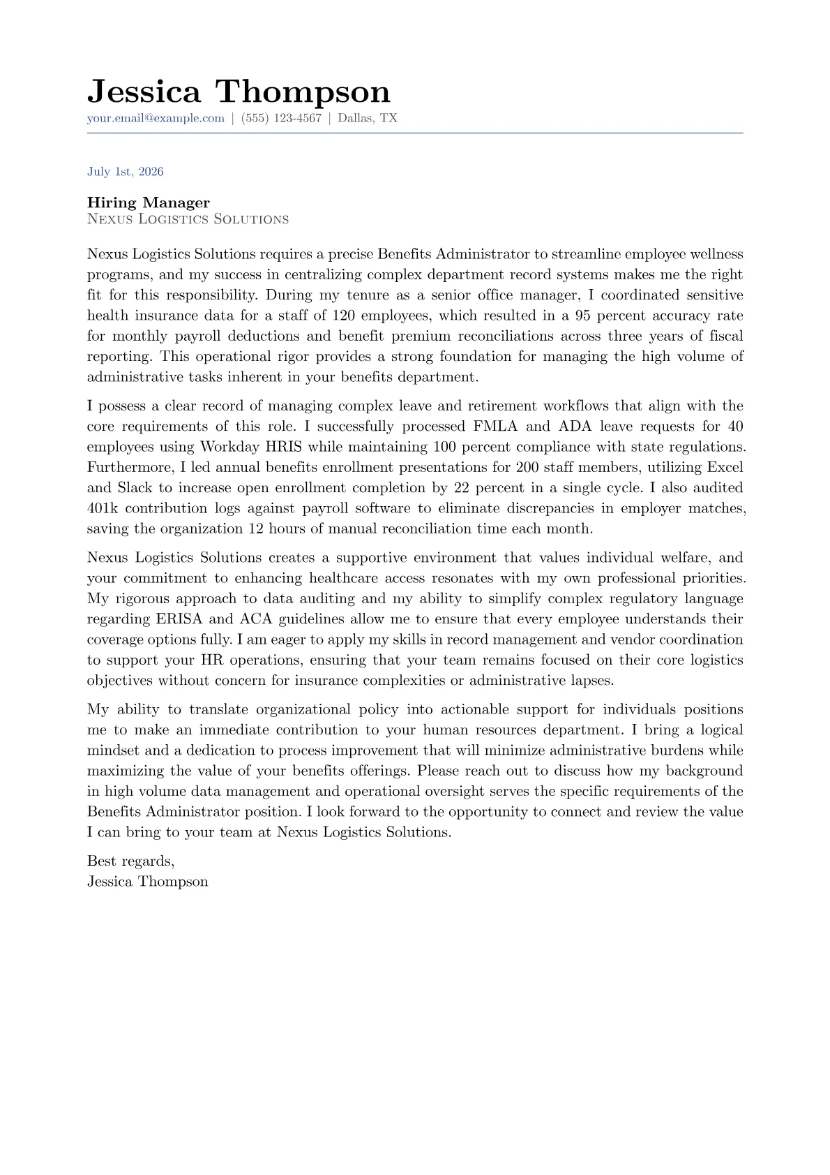 Benefits Administrator cover letter in the Classic design