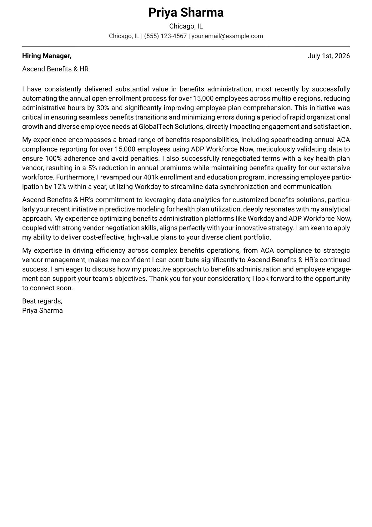 Benefits Analyst cover letter formatted with a JobSprout template
