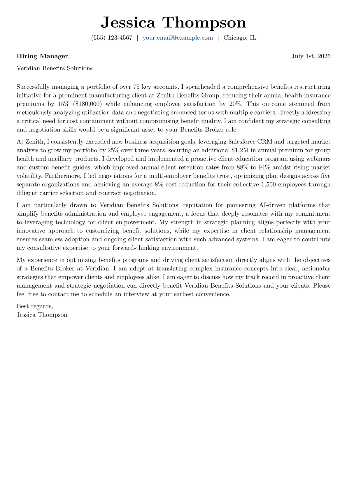 Benefits Broker cover letter formatted with a JobSprout template