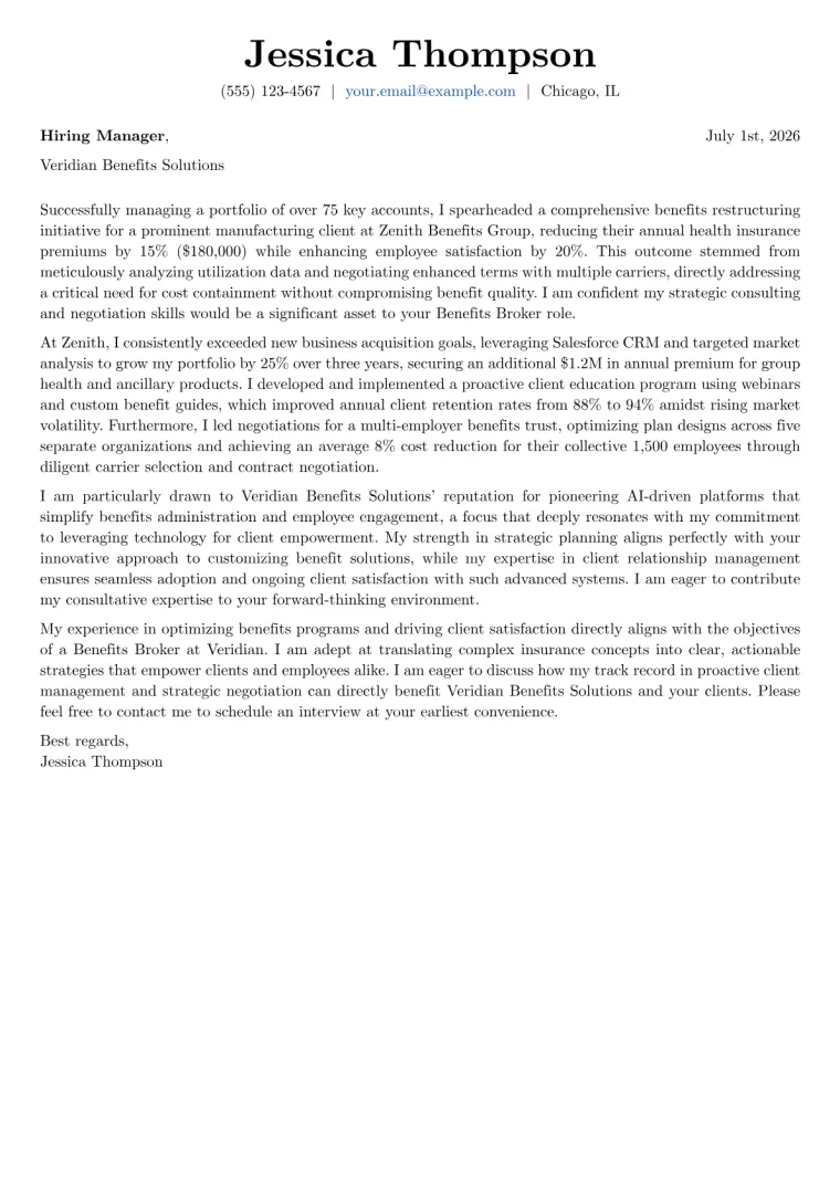 Benefits Broker cover letter example preview