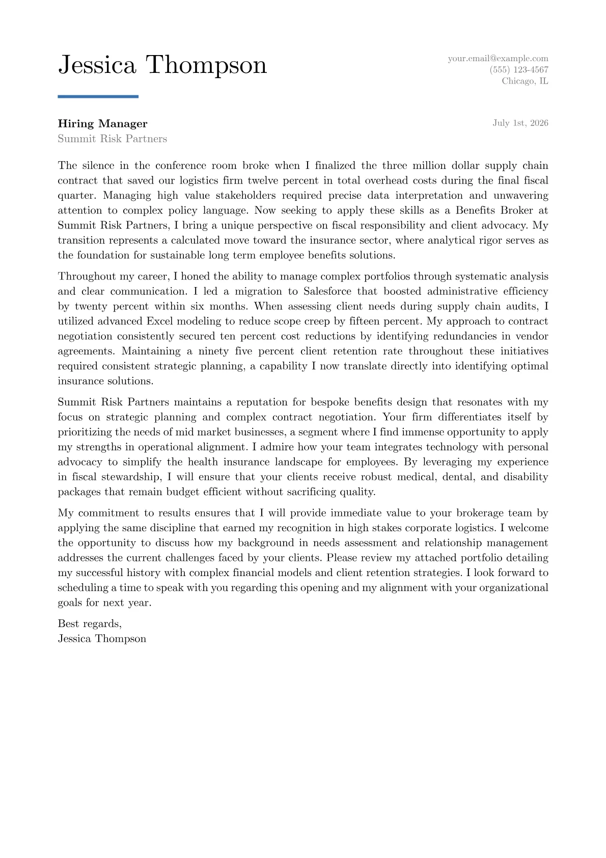 Benefits Broker cover letter in the Executive design