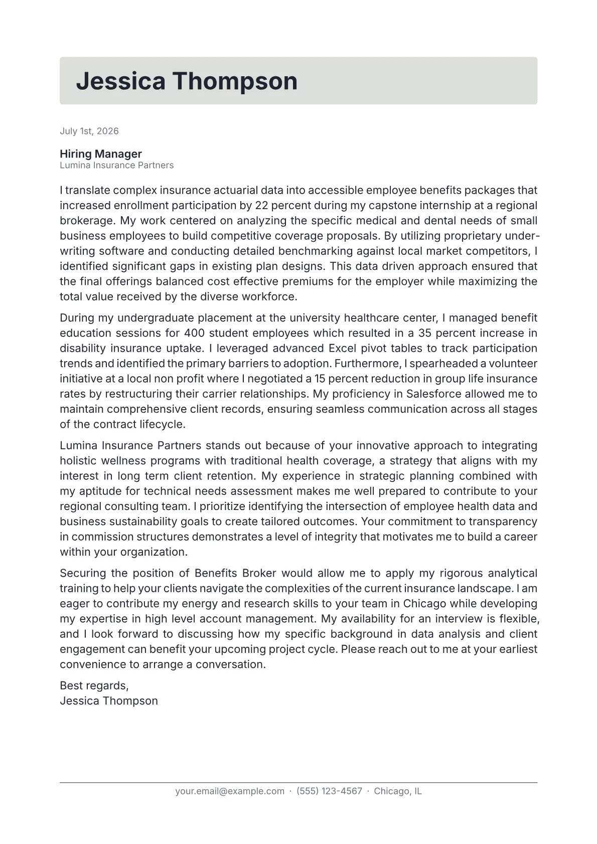 Benefits Broker cover letter in the Letterhead design