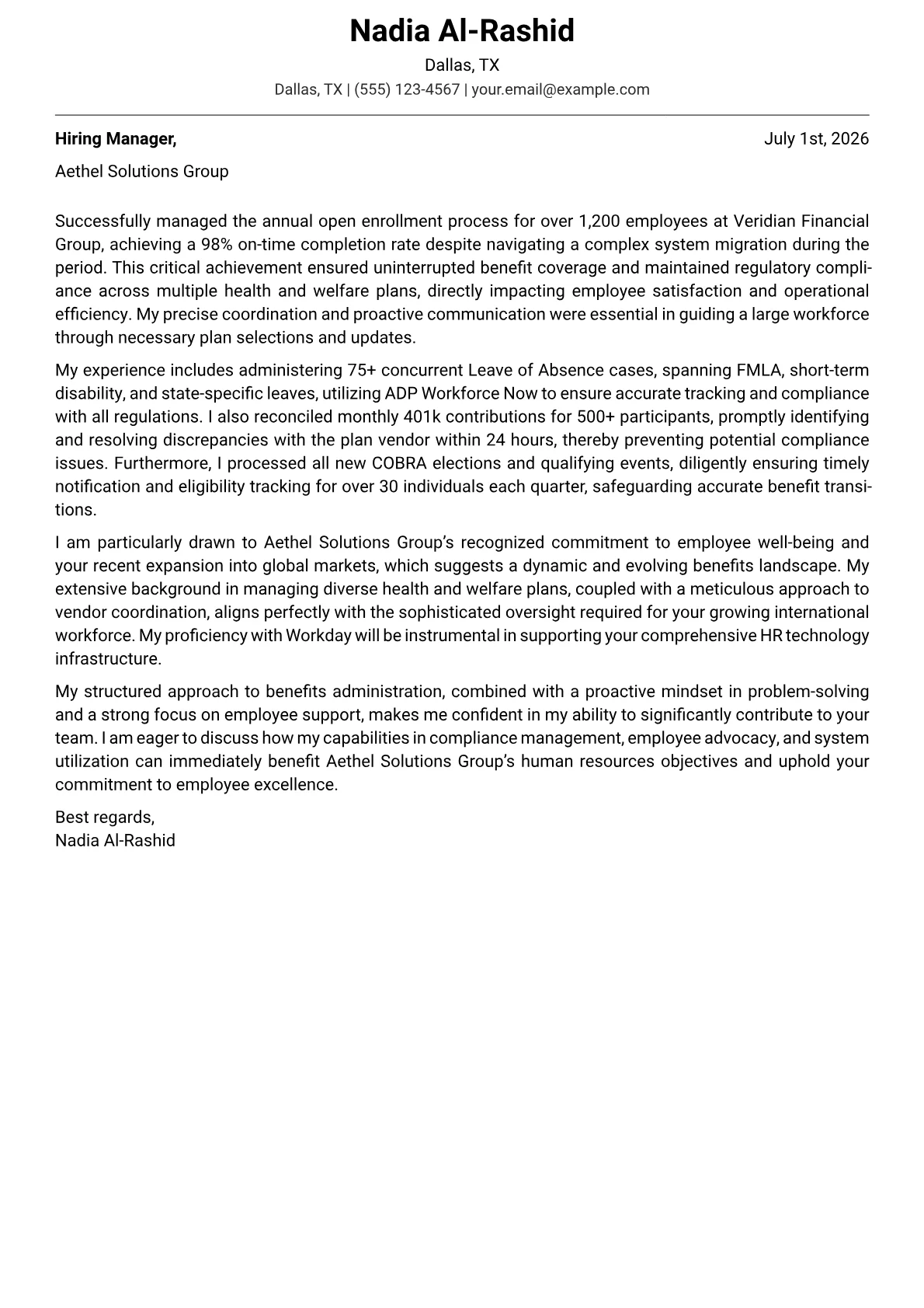 Benefits Coordinator cover letter formatted with a JobSprout template