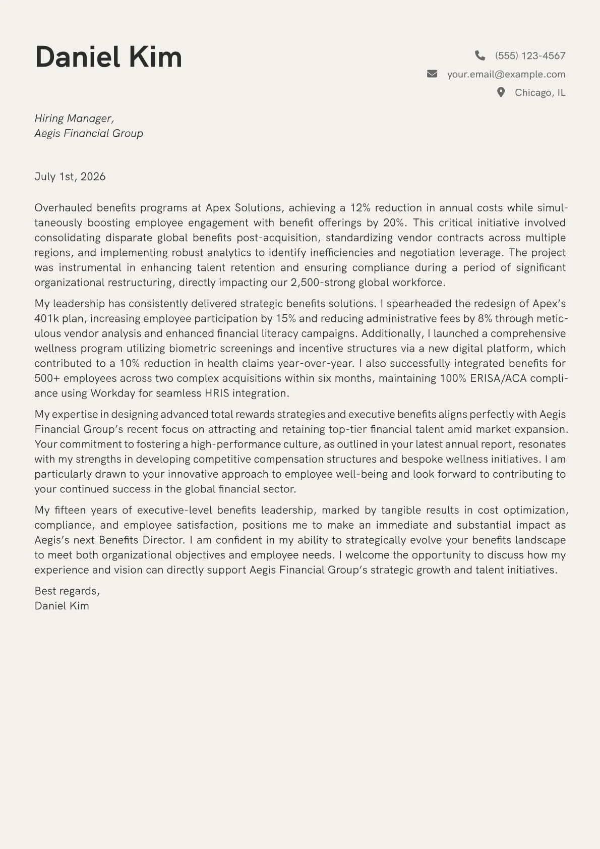 Benefits Director cover letter formatted with a JobSprout template