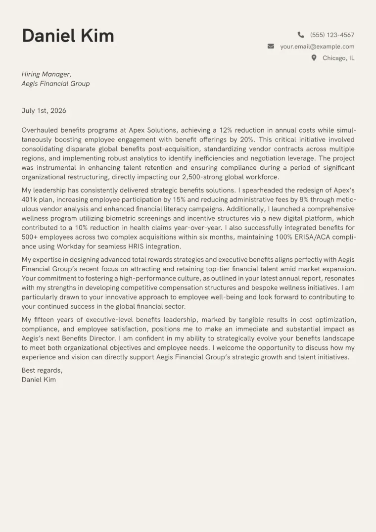 Benefits Director cover letter example preview