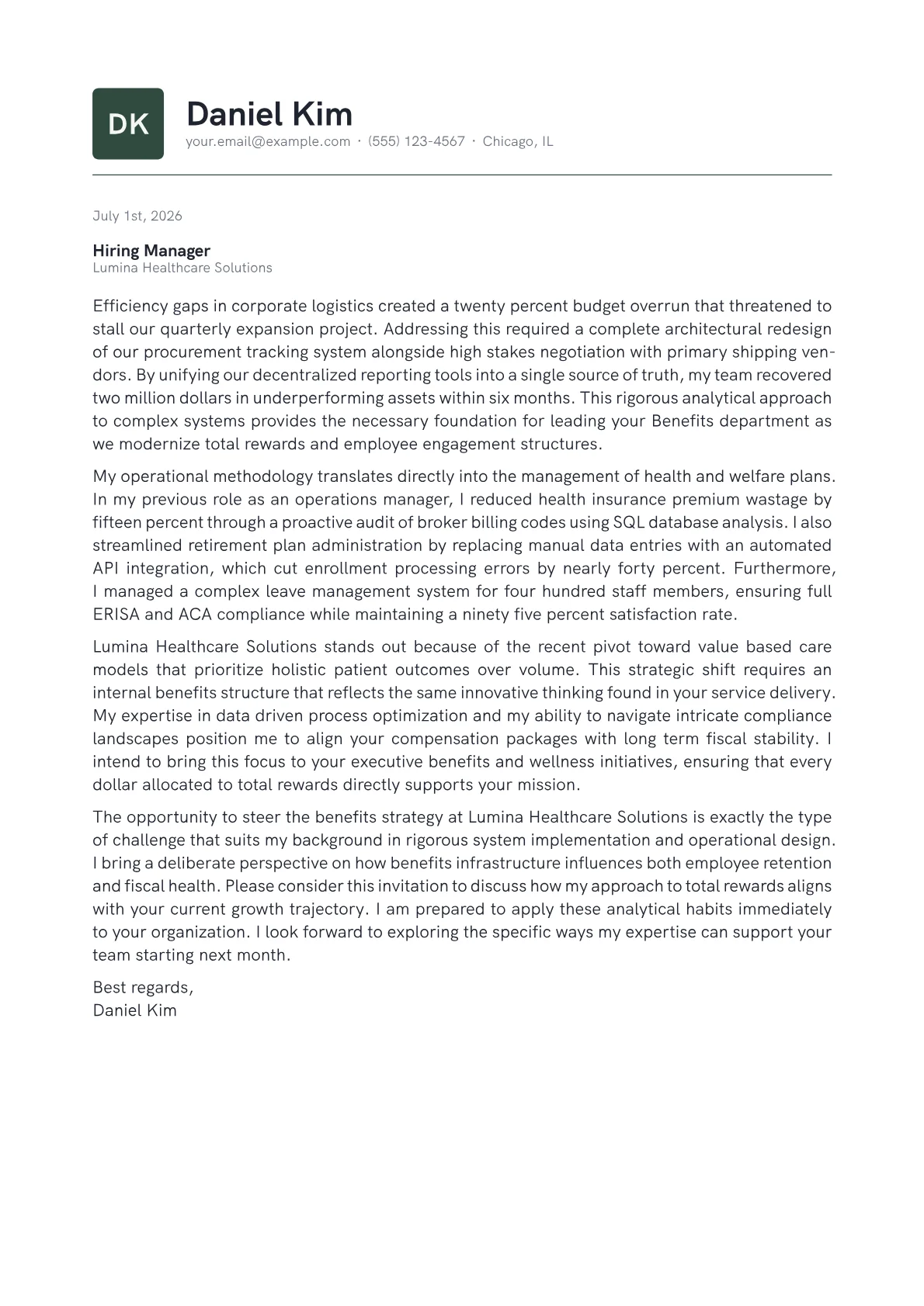 Benefits Director cover letter in the Emblem design