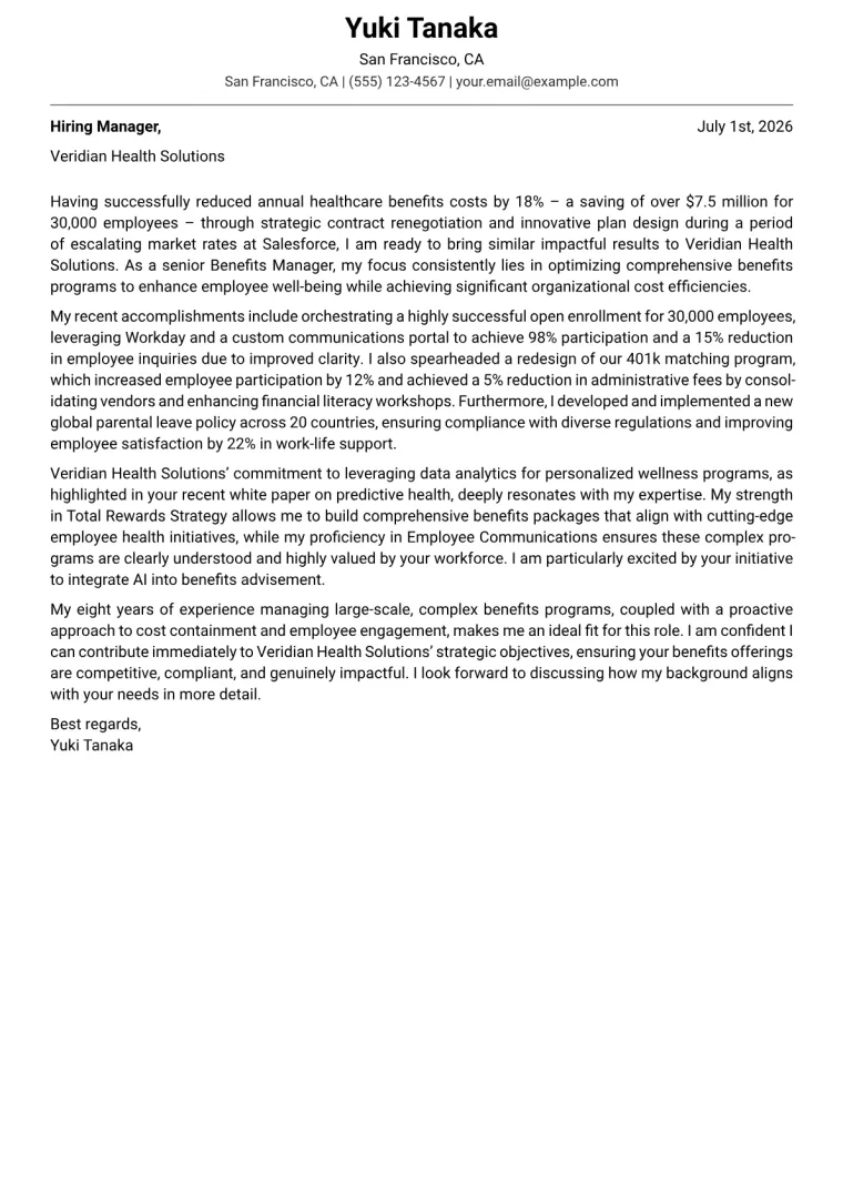 Benefits Manager cover letter example