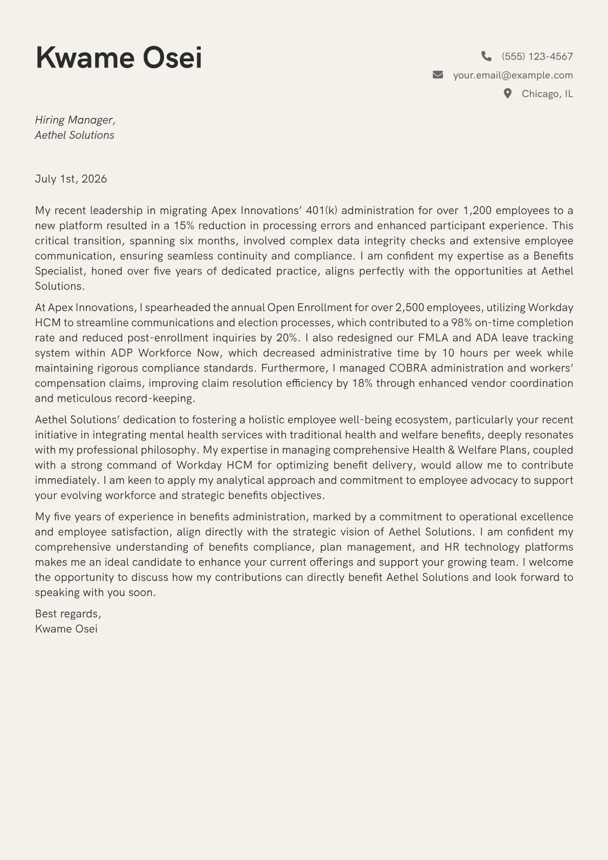 Benefits Specialist cover letter formatted with a JobSprout template