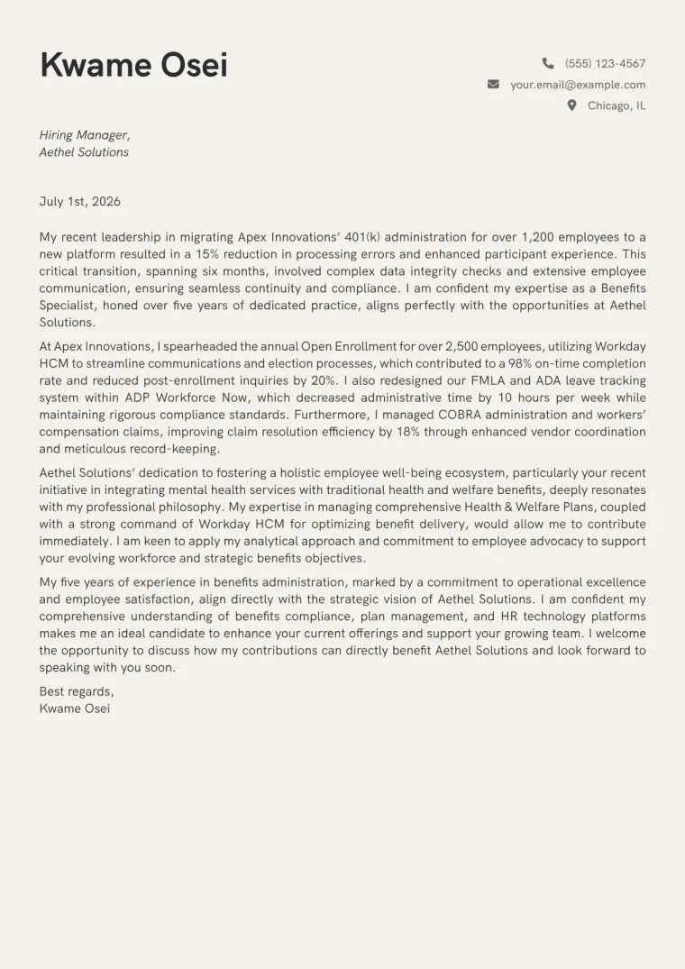 Benefits Specialist Cover Letter Example