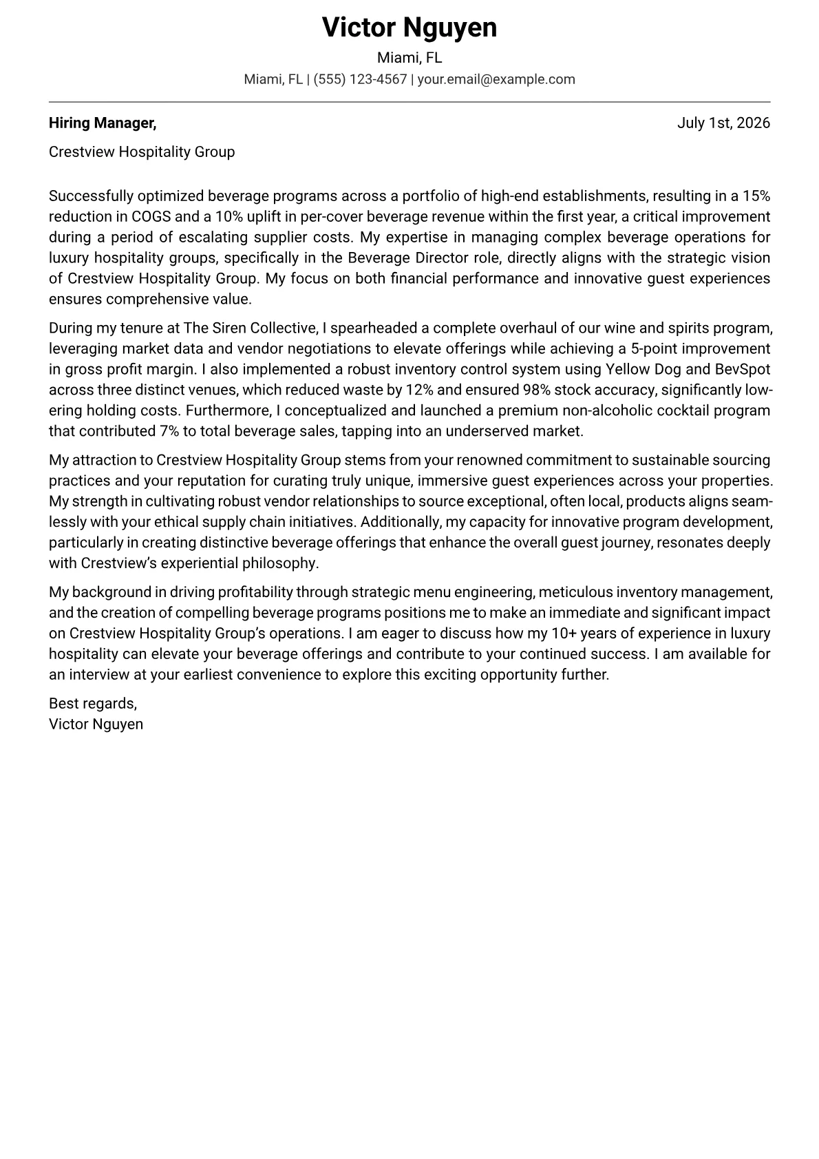 Beverage Director cover letter formatted with a JobSprout template