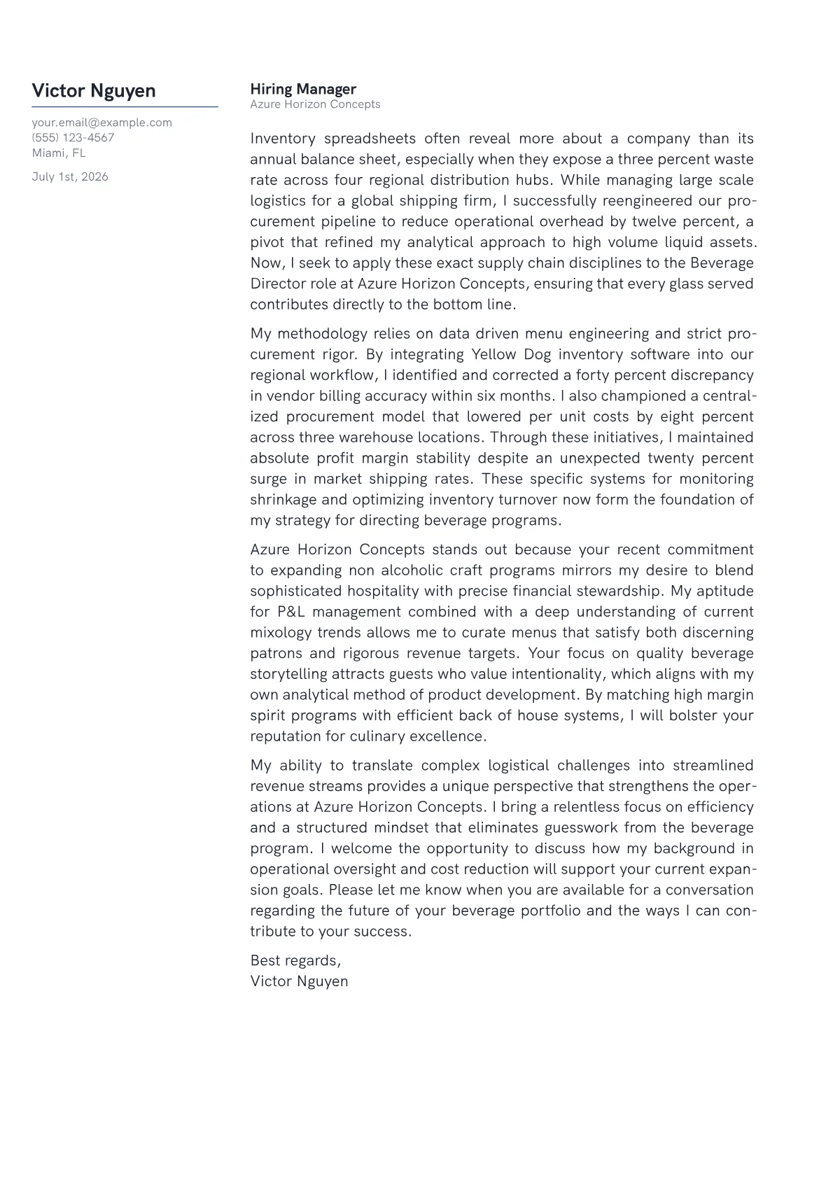 Beverage Director cover letter in the Margin design