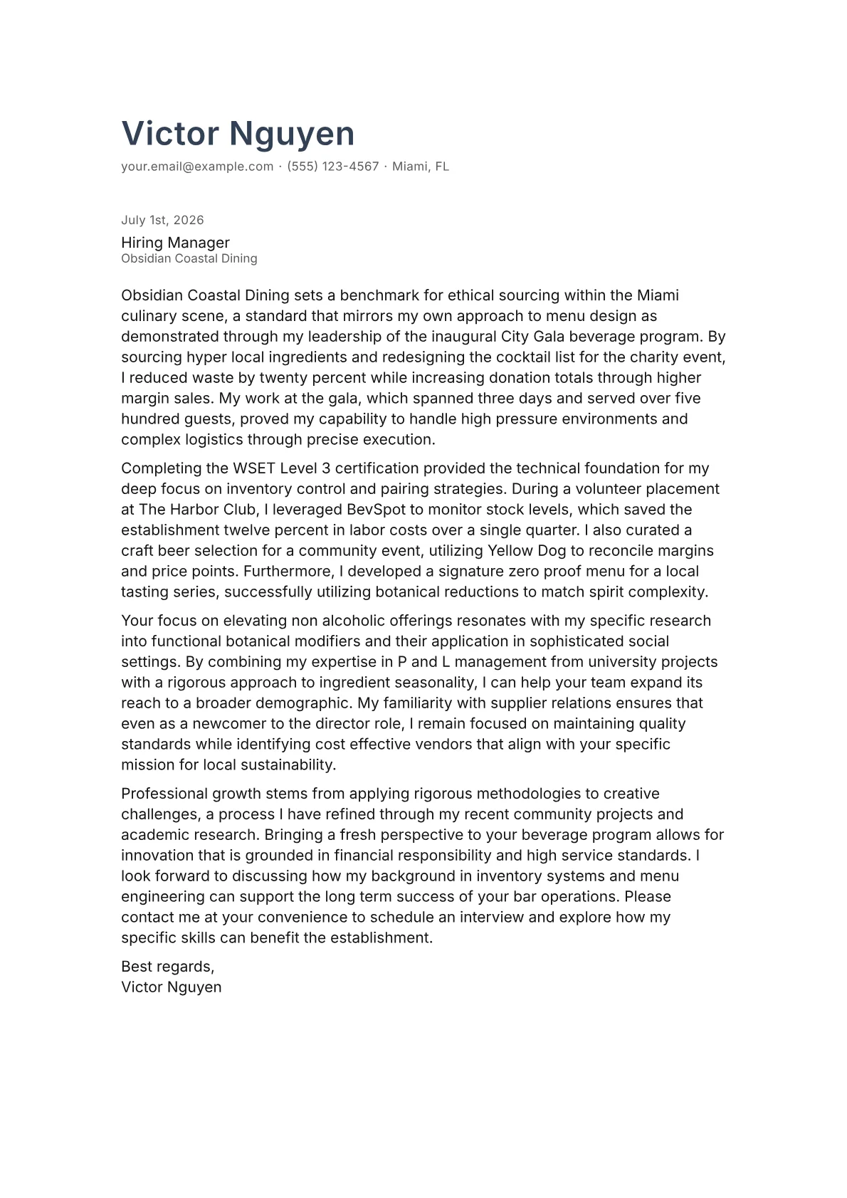 Beverage Director cover letter in the Minimal design