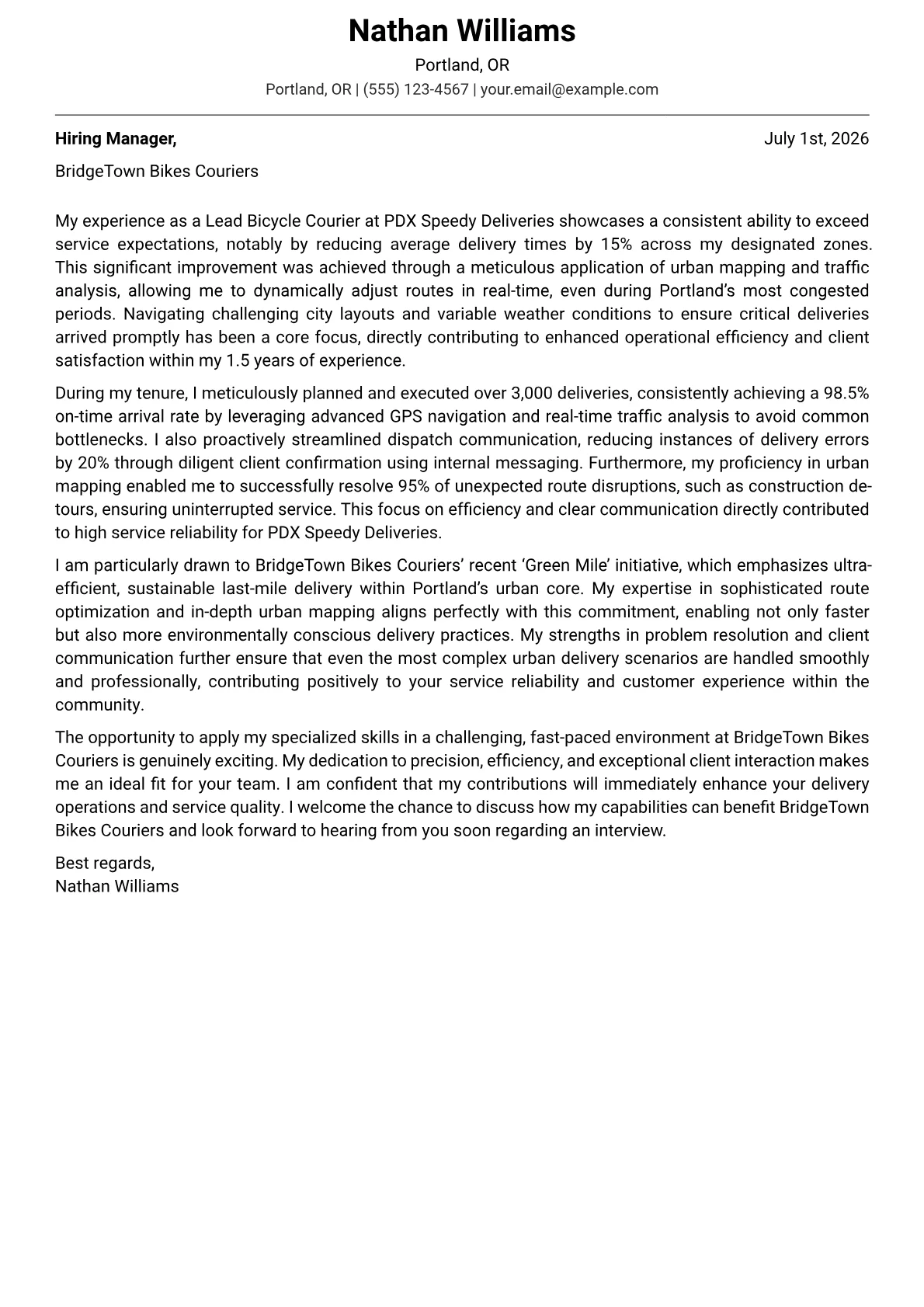 Bicycle Courier cover letter formatted with a JobSprout template