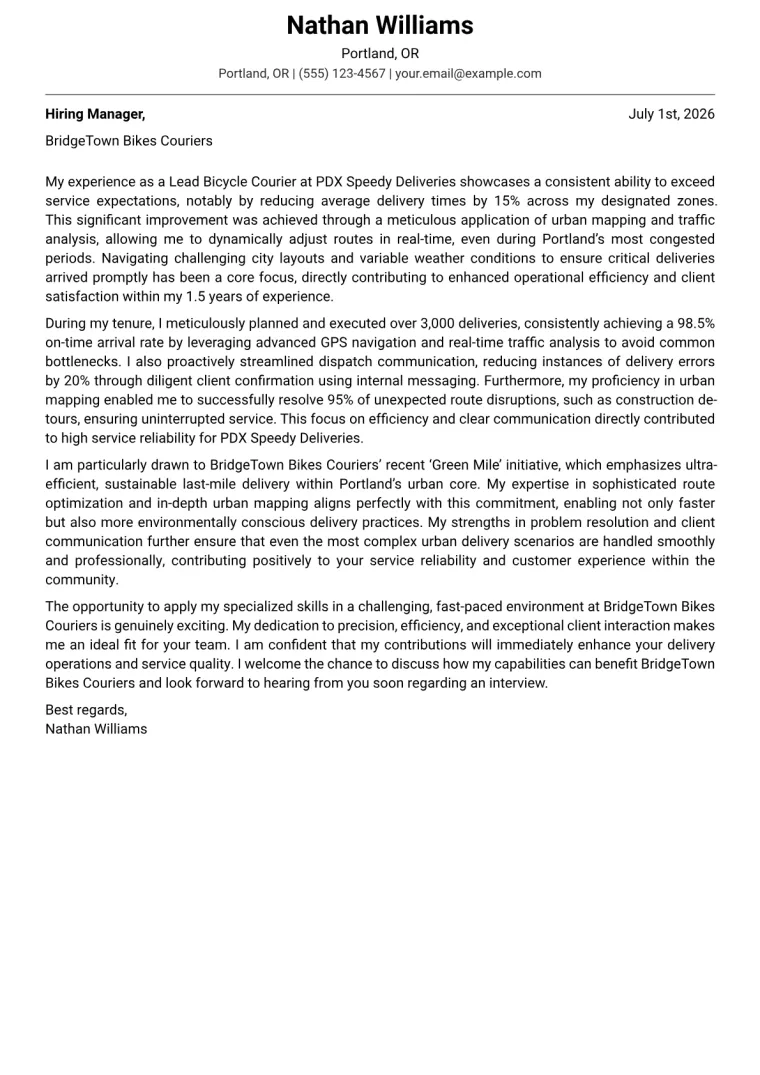 Bicycle Courier cover letter example preview