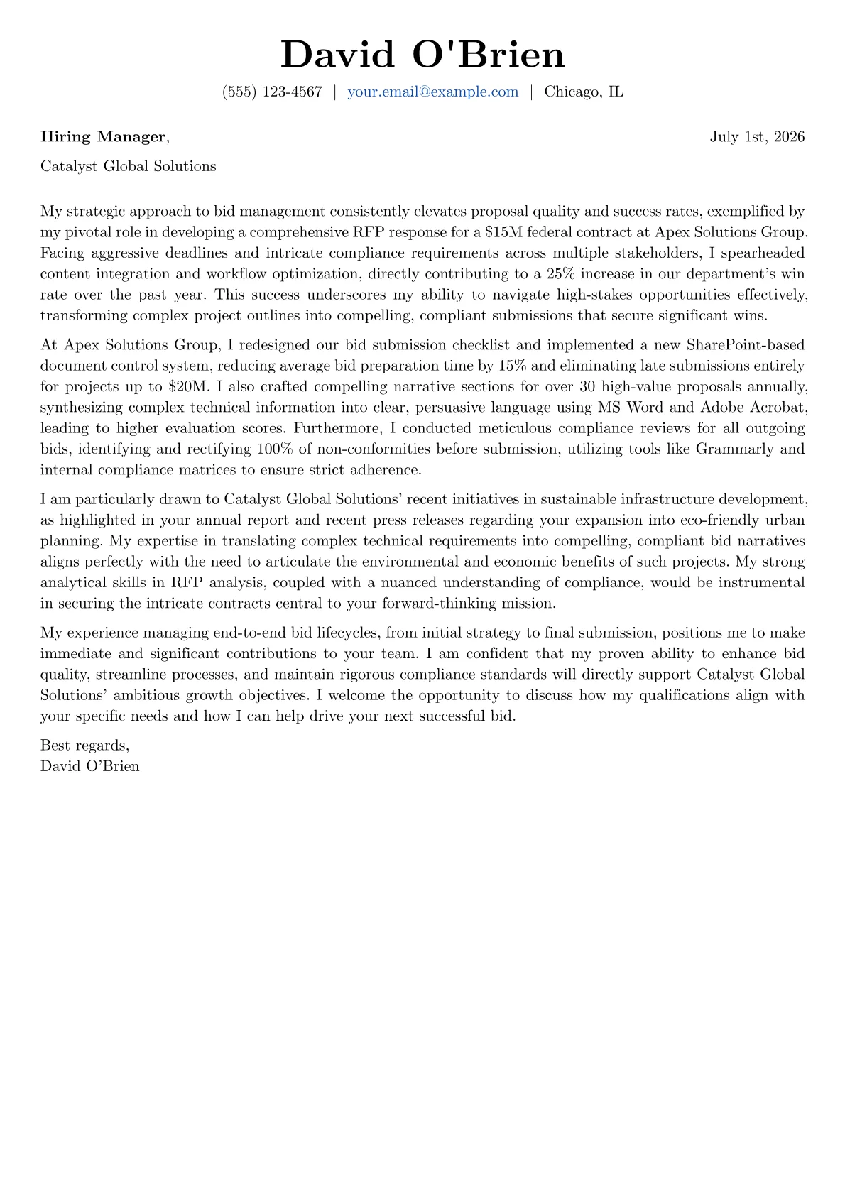 Bid Coordinator cover letter formatted with a JobSprout template