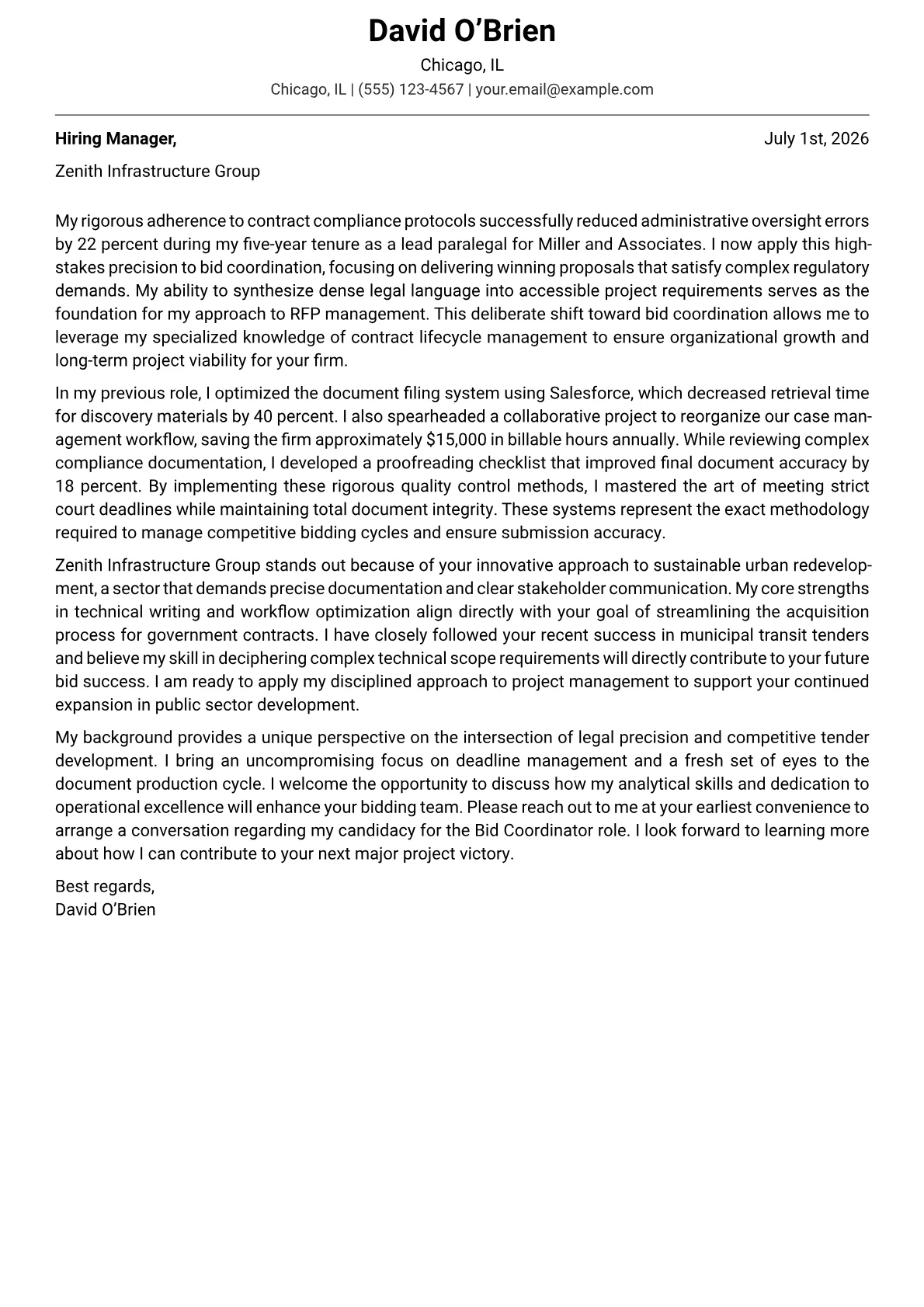 Bid Coordinator cover letter in the Modern design