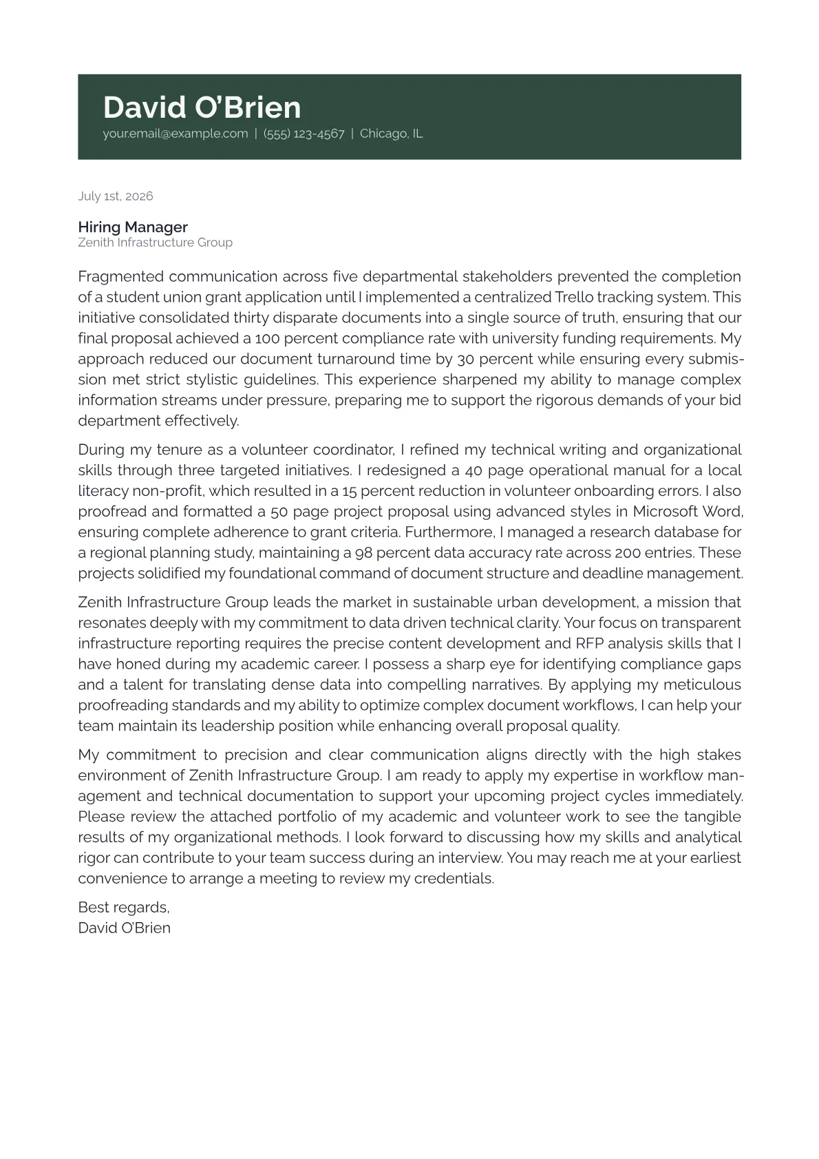 Bid Coordinator cover letter in the Banner design