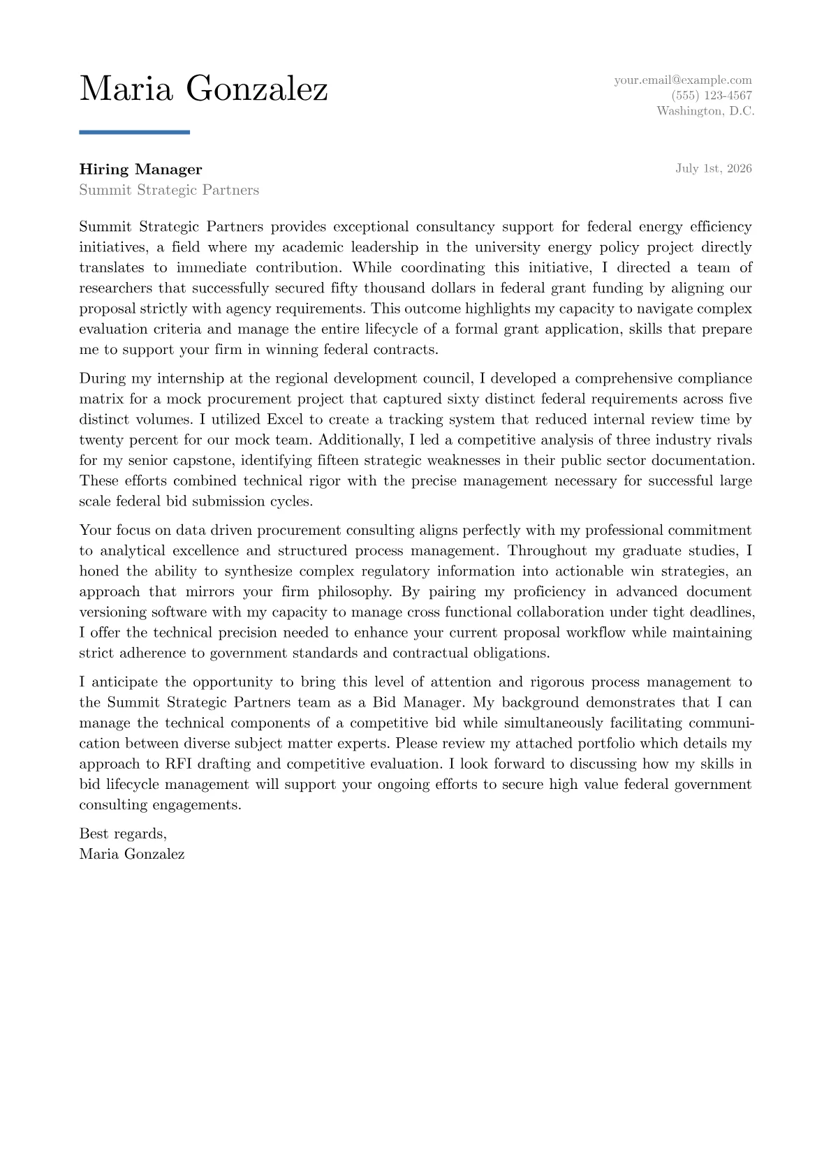 Bid Manager cover letter in the Executive design