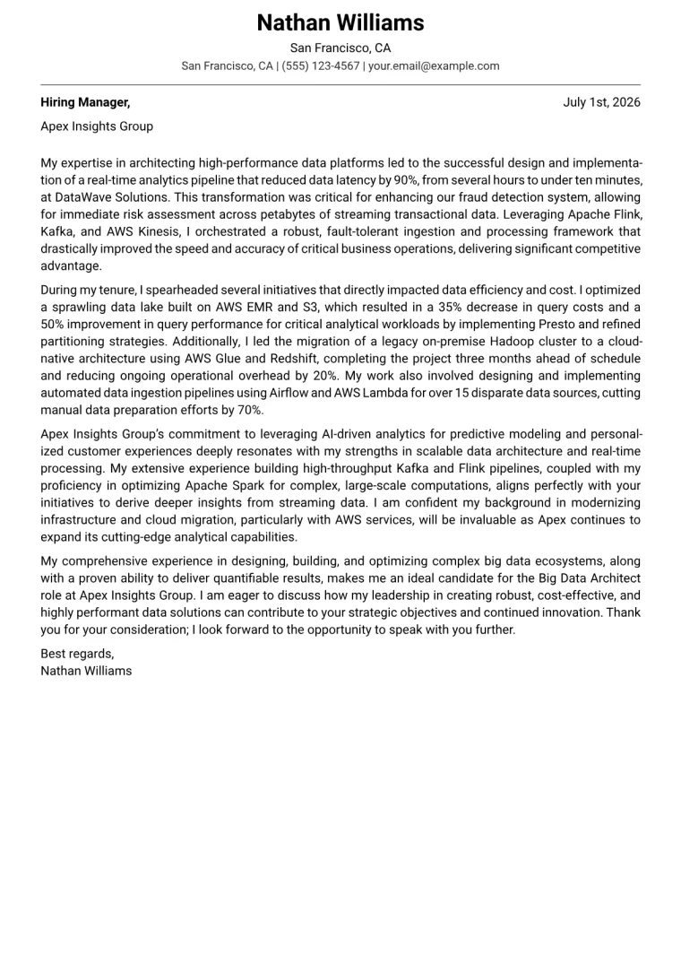 Big Data Architect cover letter example
