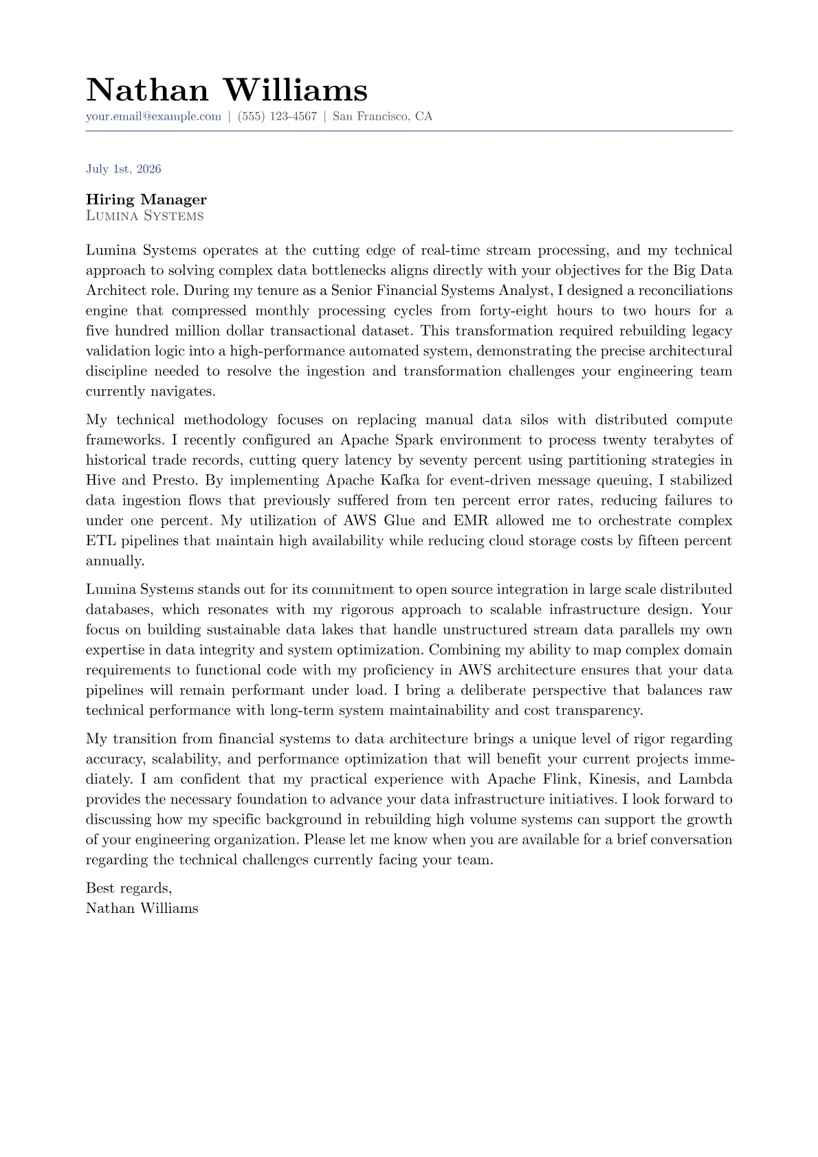 Big Data Architect cover letter in the Classic design