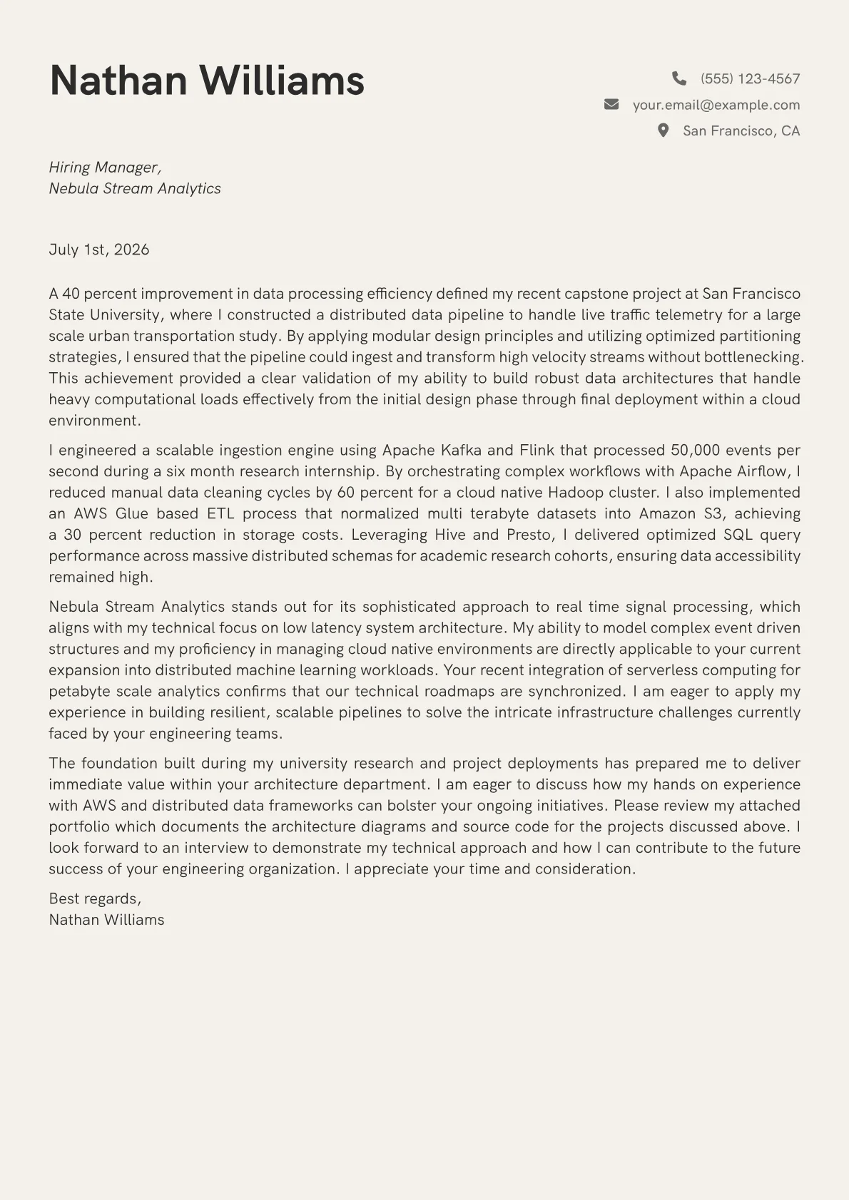 Big Data Architect cover letter in the Creative design
