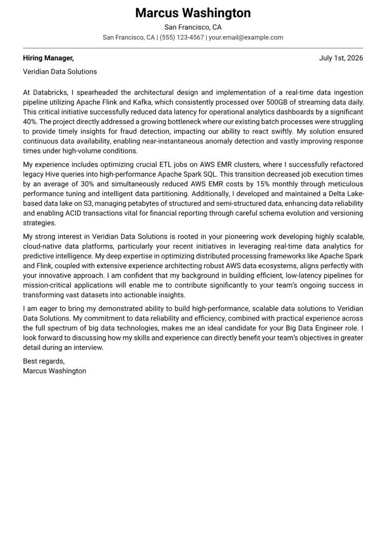 Big Data Engineer cover letter example