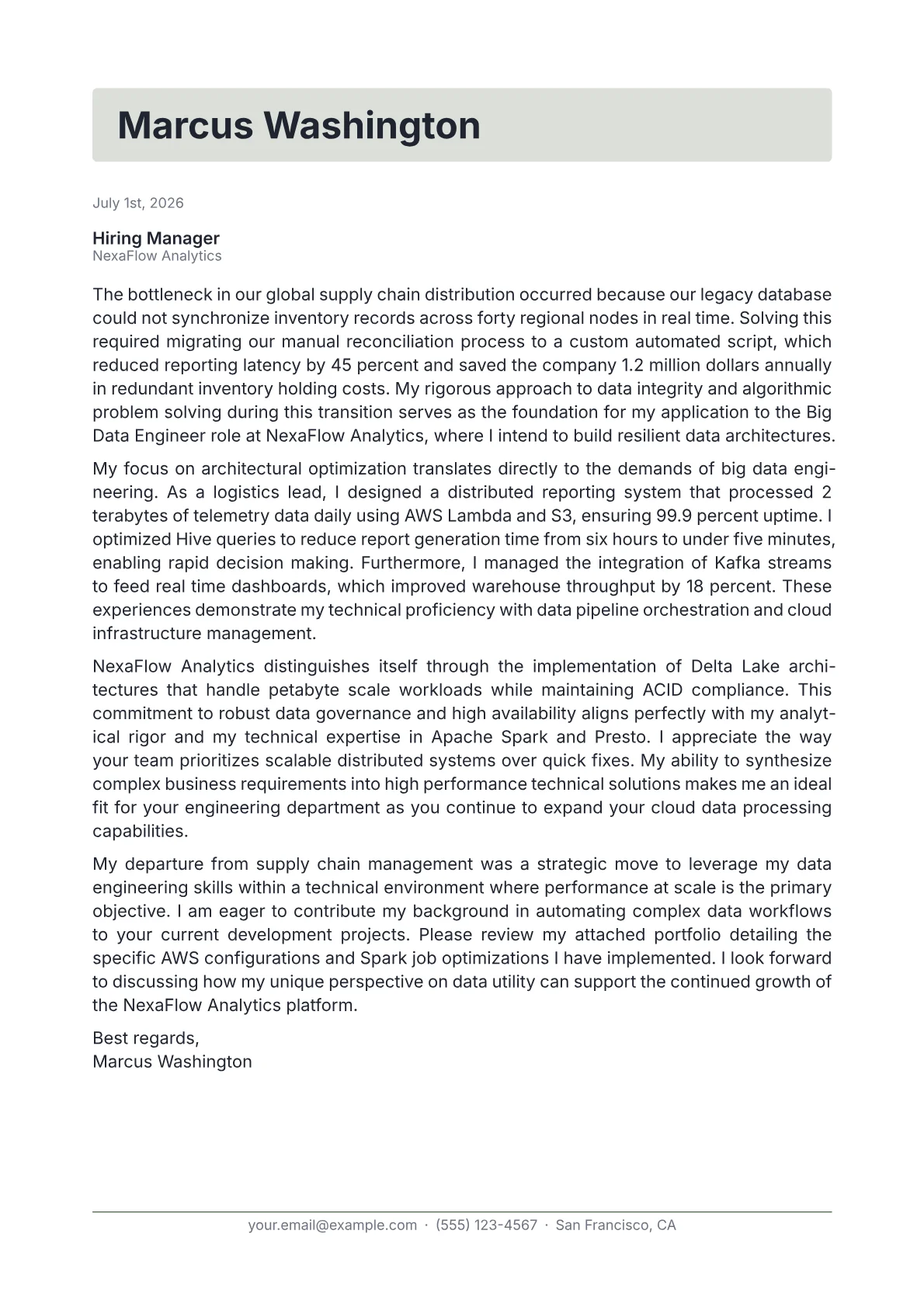 Big Data Engineer cover letter in the Letterhead design