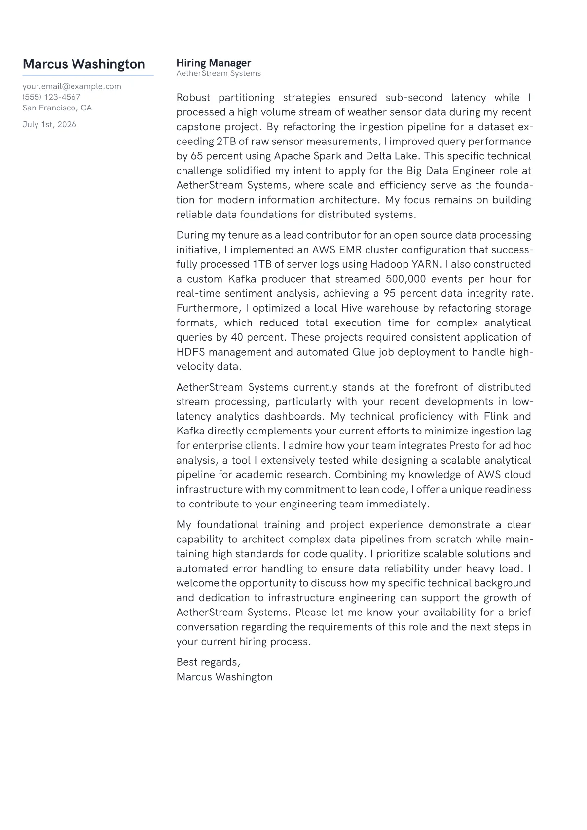 Big Data Engineer cover letter in the Margin design