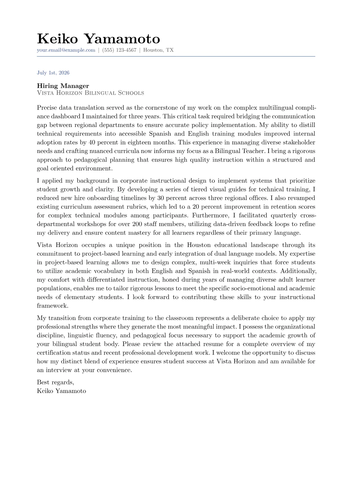 Bilingual Teacher cover letter in the Classic design