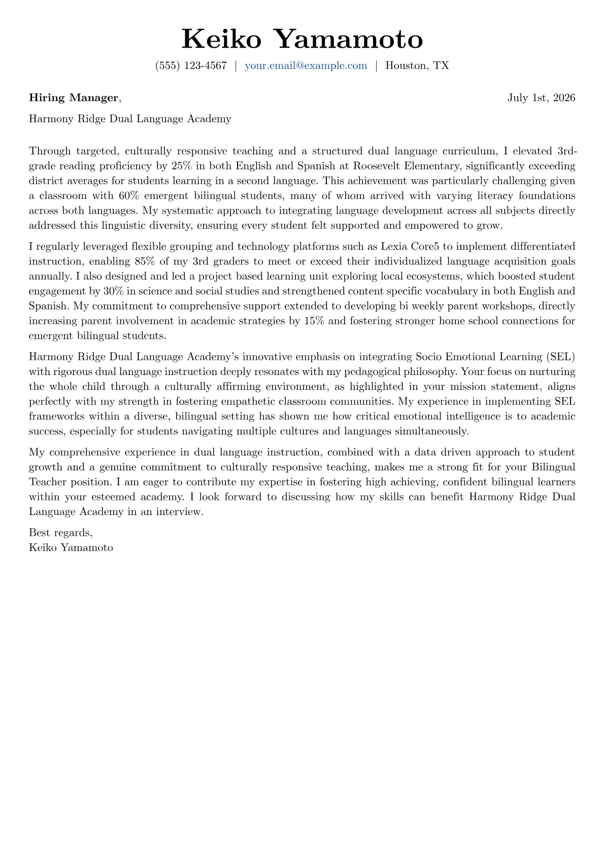 Bilingual Teacher cover letter formatted with a JobSprout template