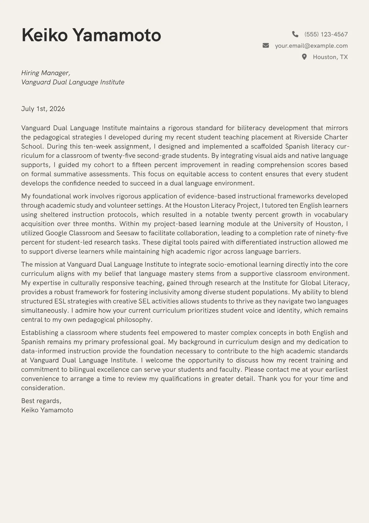 Bilingual Teacher cover letter in the Creative design