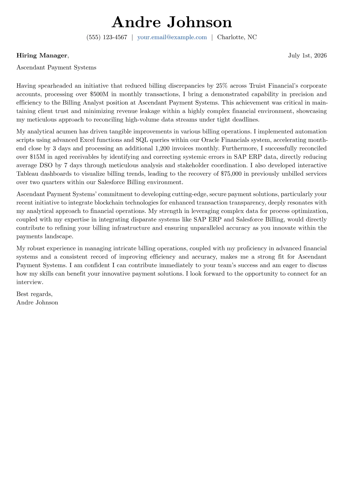 Billing Analyst cover letter formatted with a JobSprout template