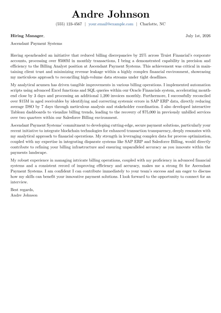 Billing Analyst cover letter example