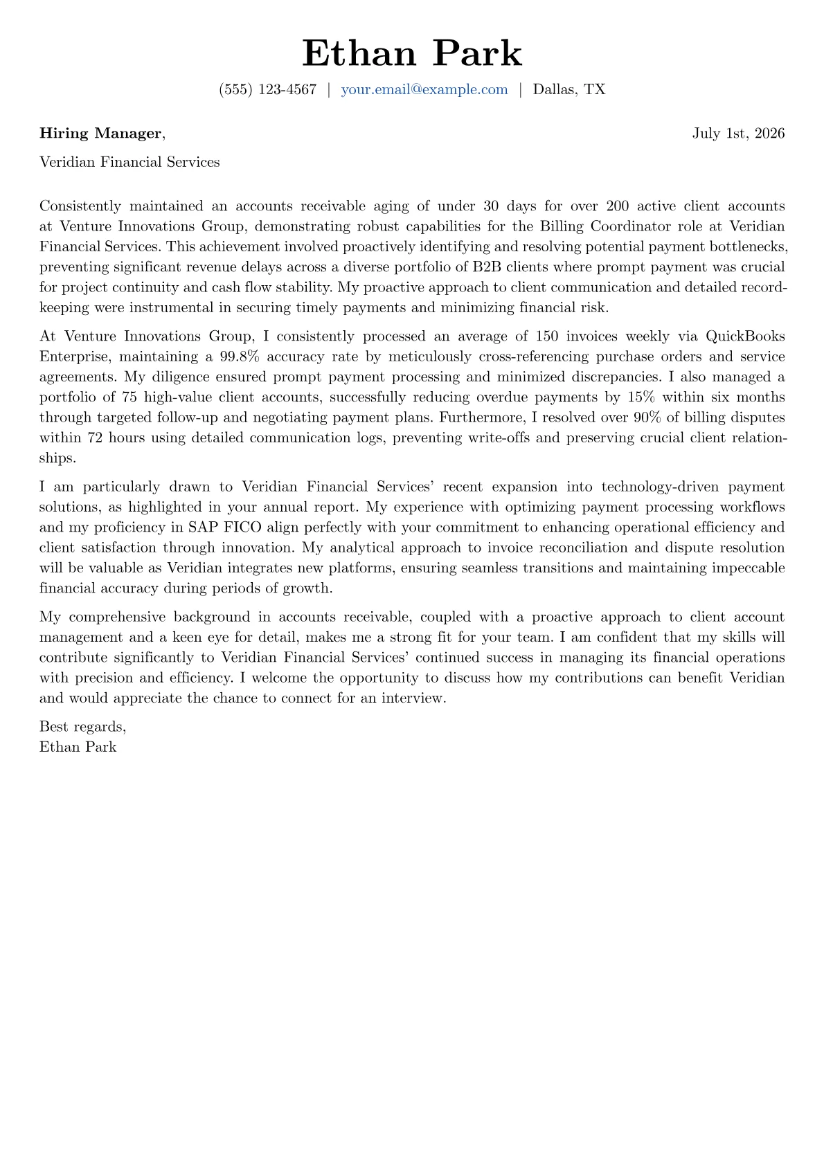 Billing Coordinator cover letter formatted with a JobSprout template