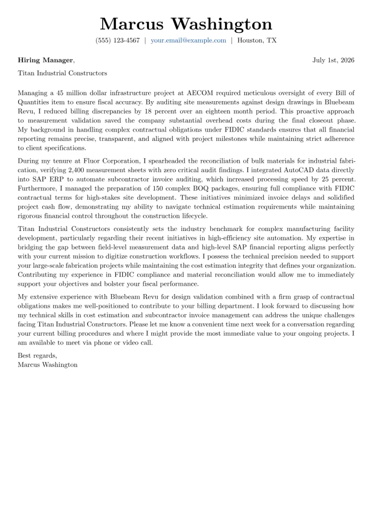 Billing Engineer cover letter example