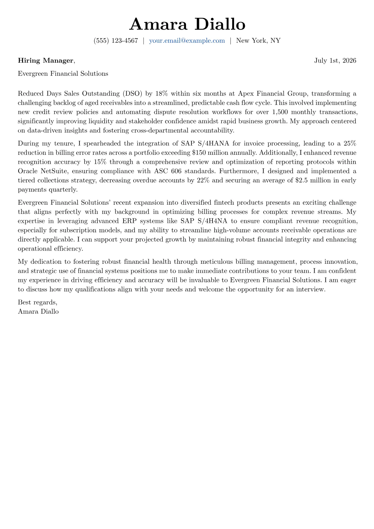 Billing Manager cover letter formatted with a JobSprout template