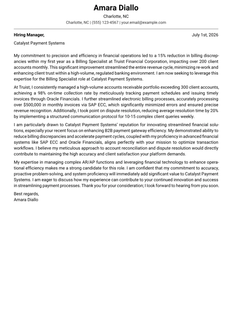 Billing Specialist Cover Letter Example