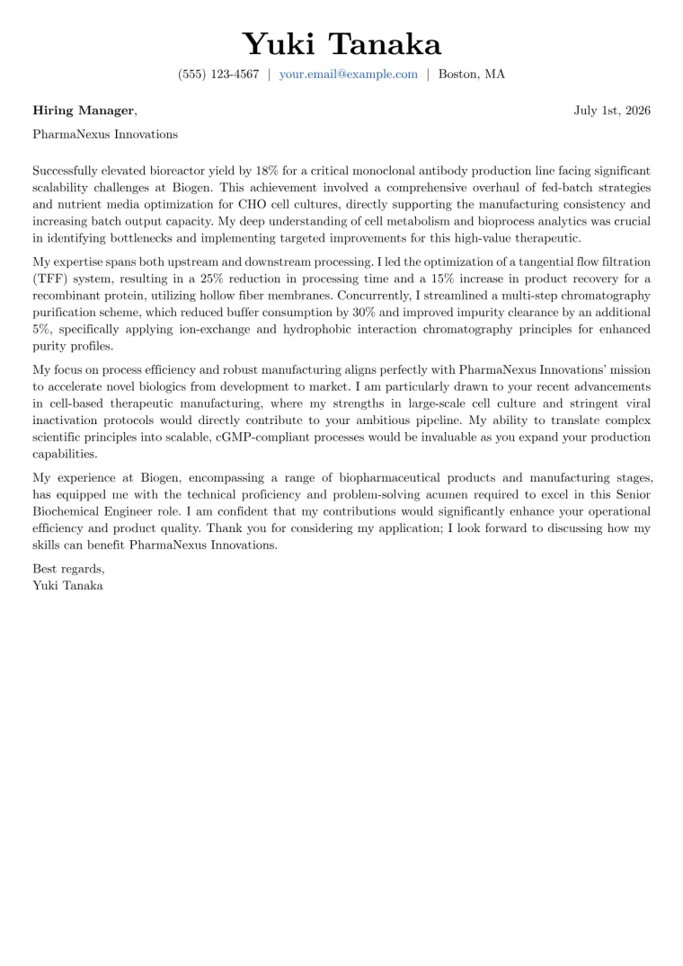 Biochemical Engineer cover letter example preview