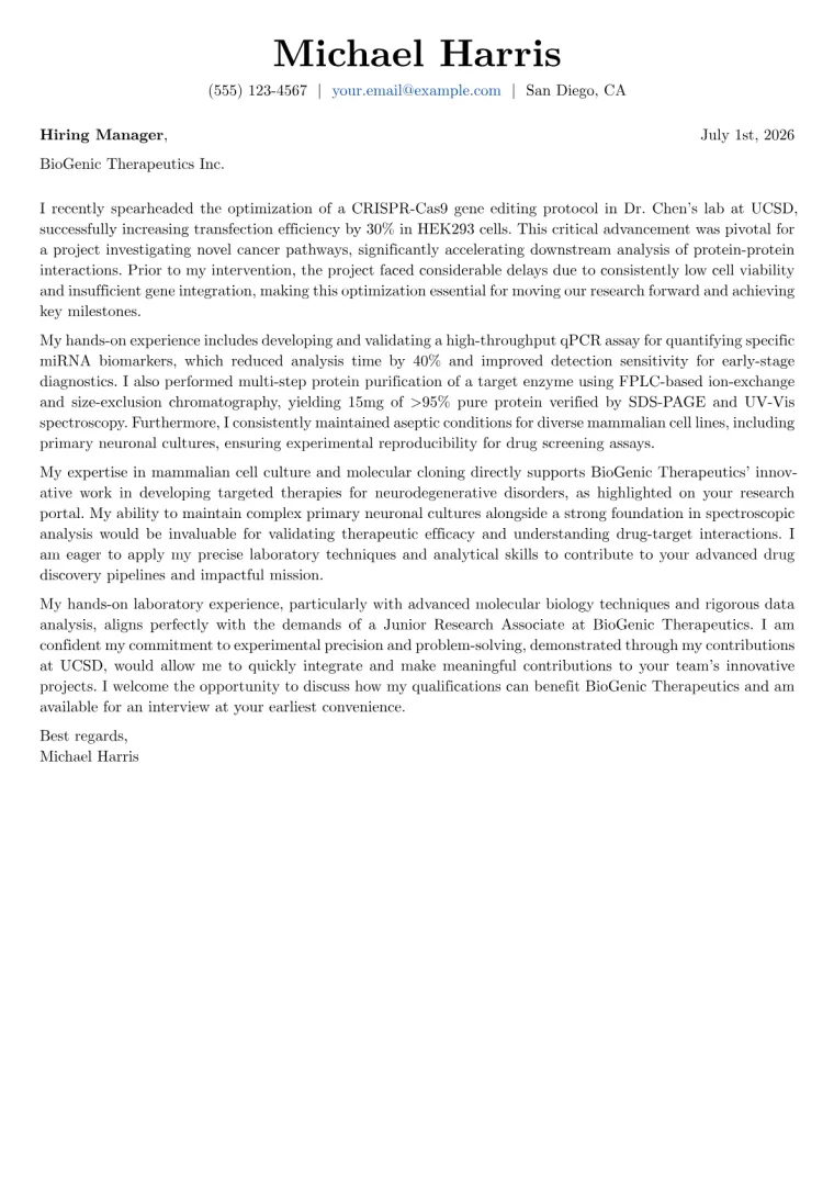 Biochemistry Student Cover Letter Example