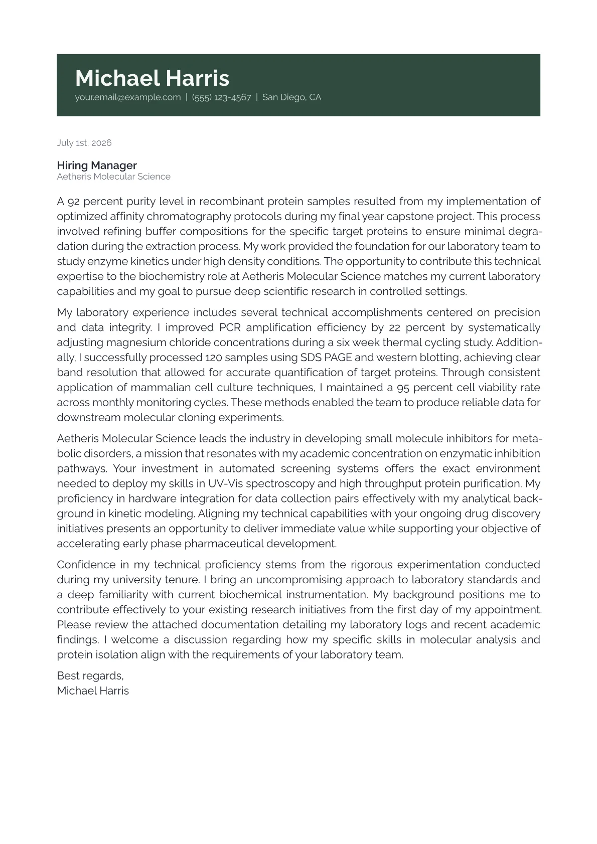 Biochemistry Student cover letter in the Banner design