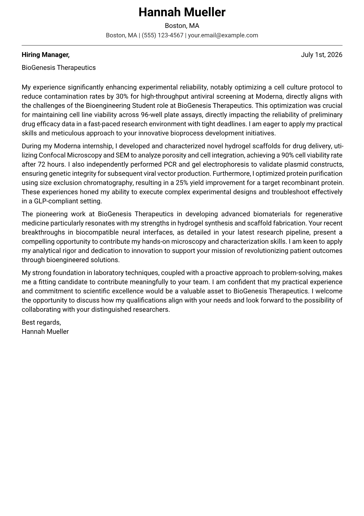 Bioengineering Student cover letter formatted with a JobSprout template