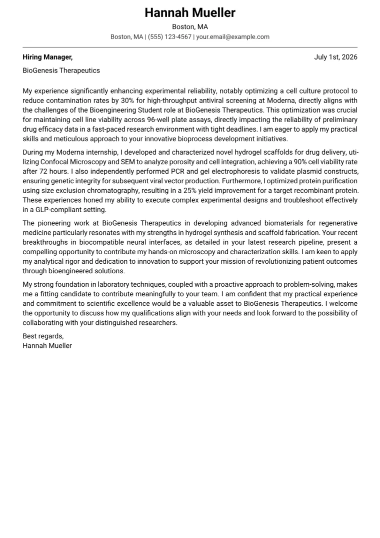 Bioengineering Student cover letter example preview